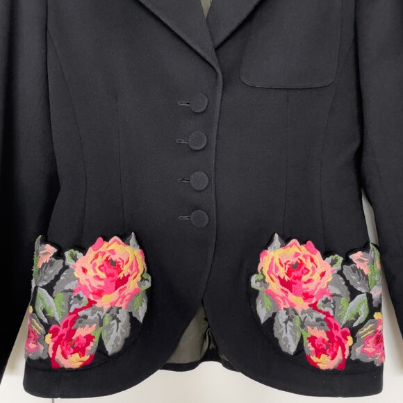 LOLITA LEMPICKA Wool Blazer Jacket With Embroidered Flowers on Pockets - Picture 3 of 6